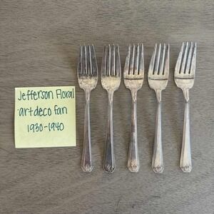 5 Jefferson Floral Art Deco‎ Fan Forks 1930-1940 Silverplate Flatware